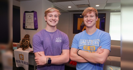 UNK freshmen Dylan, left, and Derek Pfeifer like to stay busy. They’re both members of the Honors Program, Kearney Health Opportunities Program, Health Science Club and Delta Tau Delta fraternity. (Photo by Erika Pritchard, UNK Communications)   